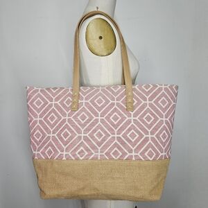 Miztique 15x14x6" Tote Bag Cotton Burlap Double Handle Pink Lattice Large Lined